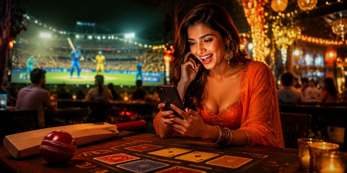 Fans enjoying cricket betting on mobile devices at night market in India